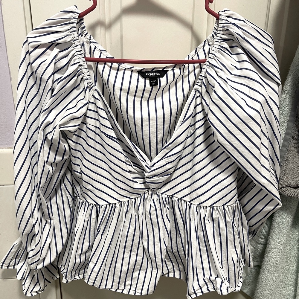 Express White & Navy Striped Twist-Front Peplum Blouse - Size XS.